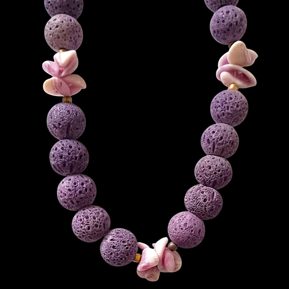 Vtg 80s Lava Bead Purple Puka Necklace Moonscape Volcanic Crater Surfer Grunge
